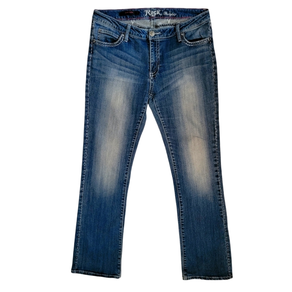 Rock 47 by Wrangler Womens Straight Leg Denim Jeans Mid Rise Embellished Blue 11
